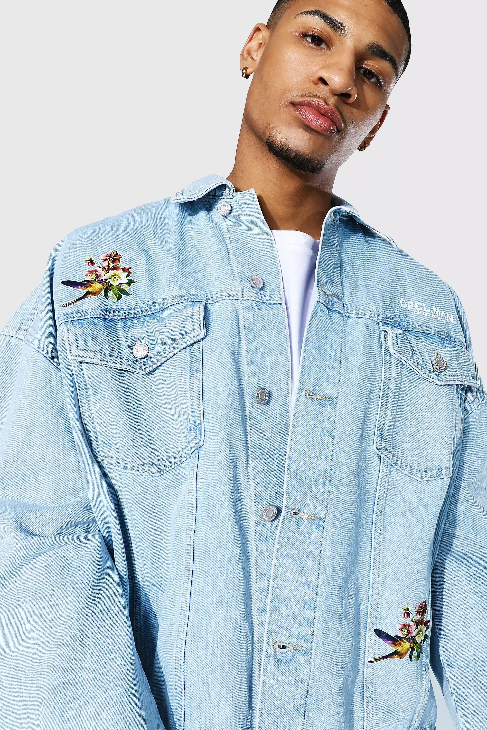 Oversized Flower Back Print Denim Jacket